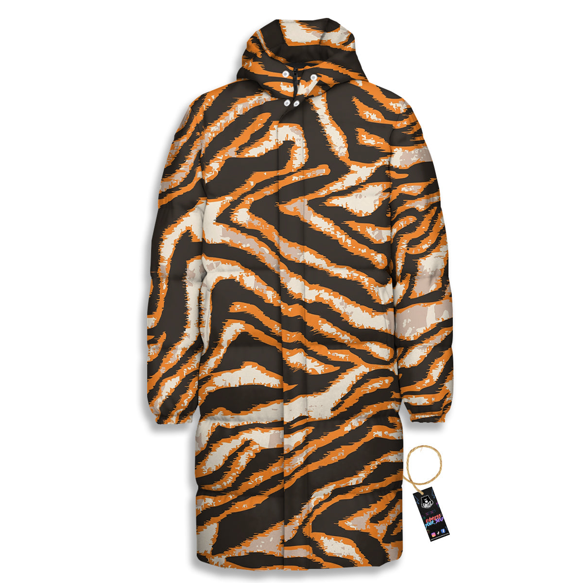 Abstract Tiger Skin Grunge Print Long Down Jacket