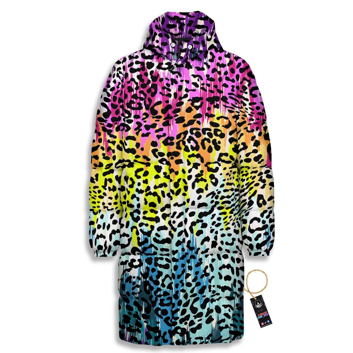 Abstract Vintage Colorful Leopard Print Long Down Jacket