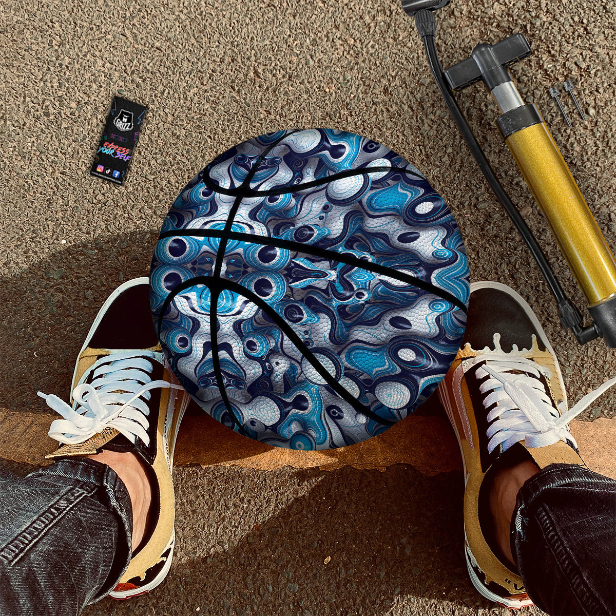 Abstract Wavy Bubbles Blue White Print Pattern Basketball