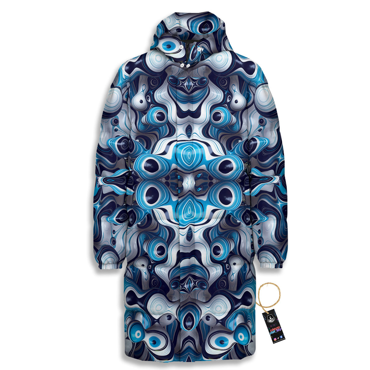 Abstract Wavy Bubbles Blue White Print Pattern Long Down Jacket