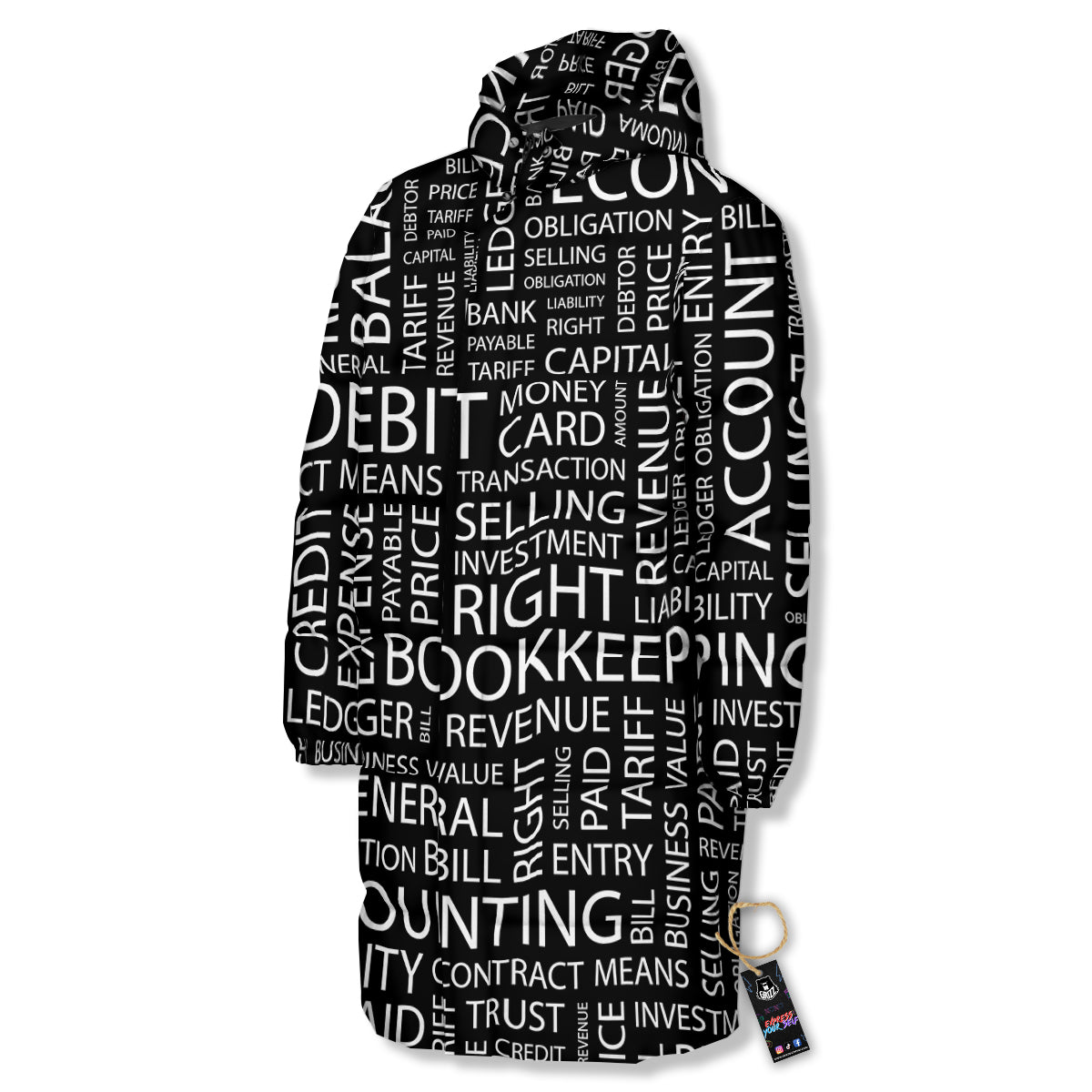 Accounting Word Print Long Down Jacket-grizzshop