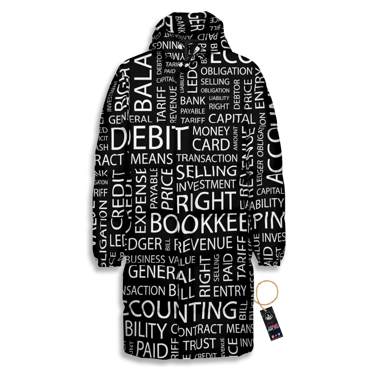 Accounting Word Print Long Down Jacket-grizzshop
