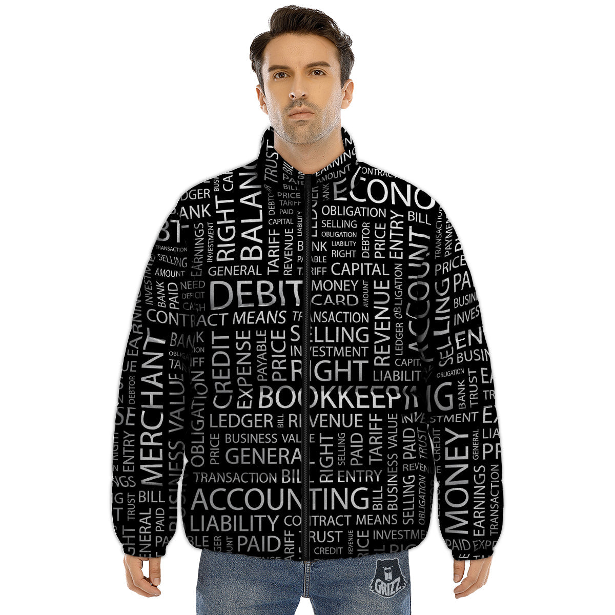 Accounting Word Print Puffer Jacket-grizzshop