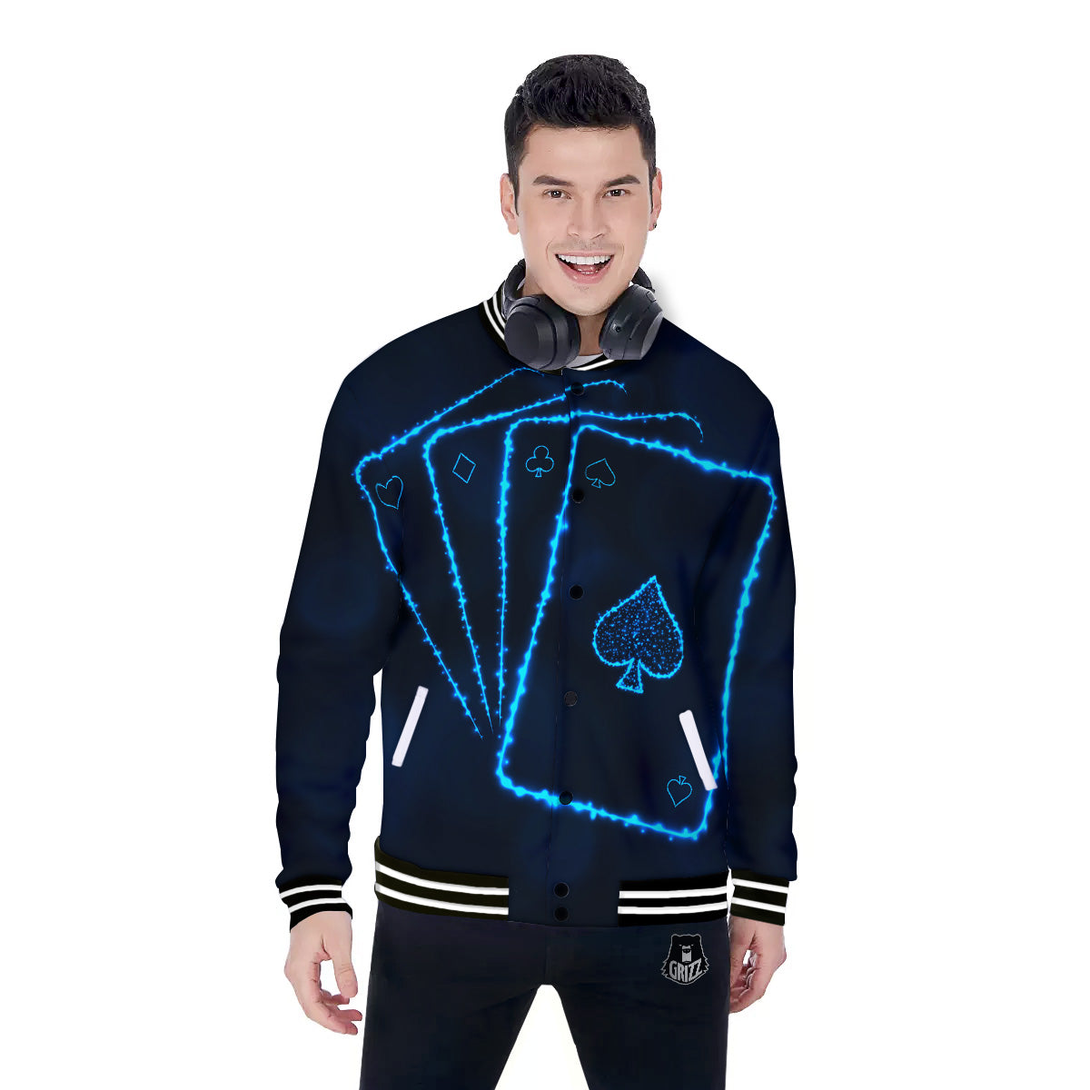 Ace Card Blue Print Baseball Jacket-grizzshop