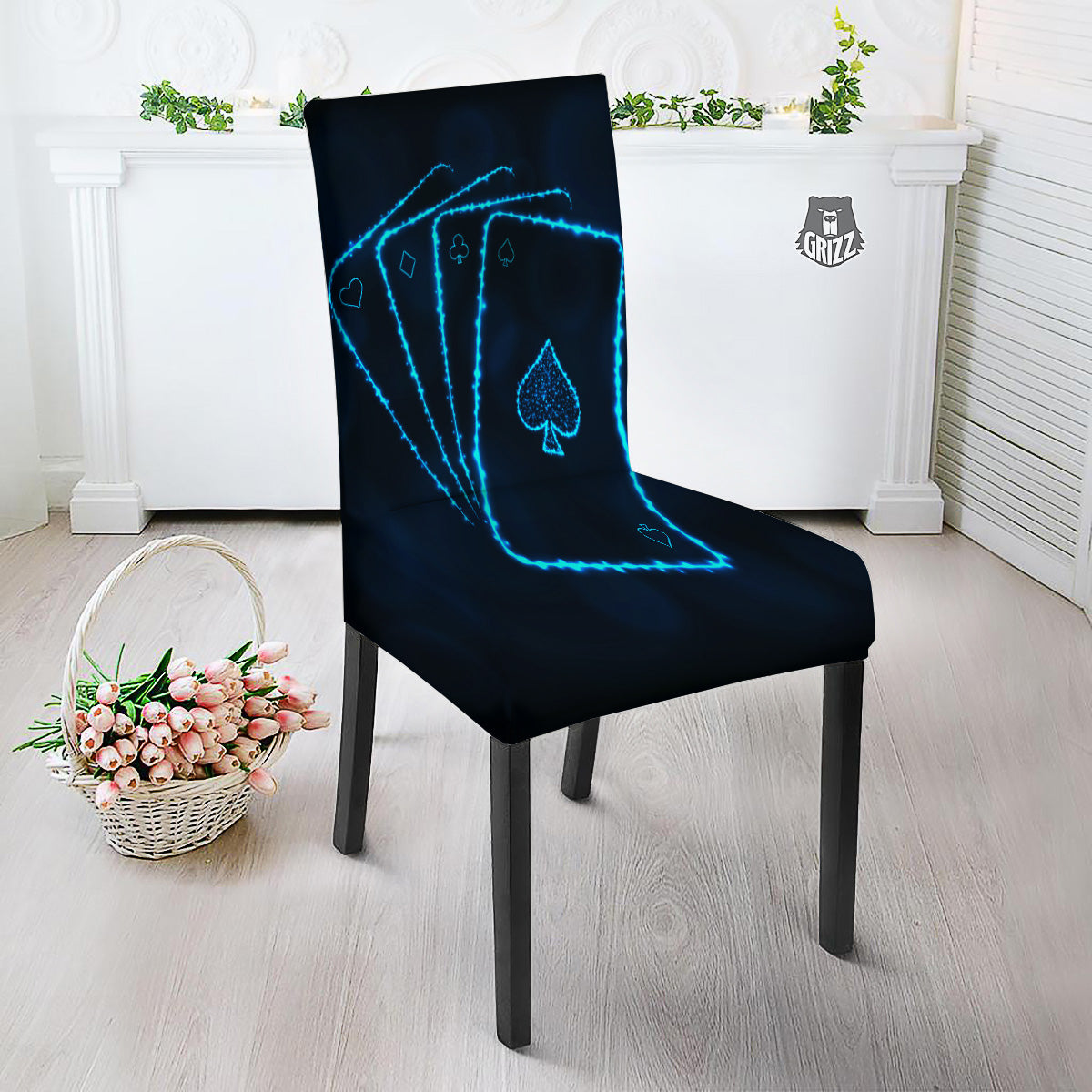 Ace Card Blue Print Dining Chair Slipcover-grizzshop
