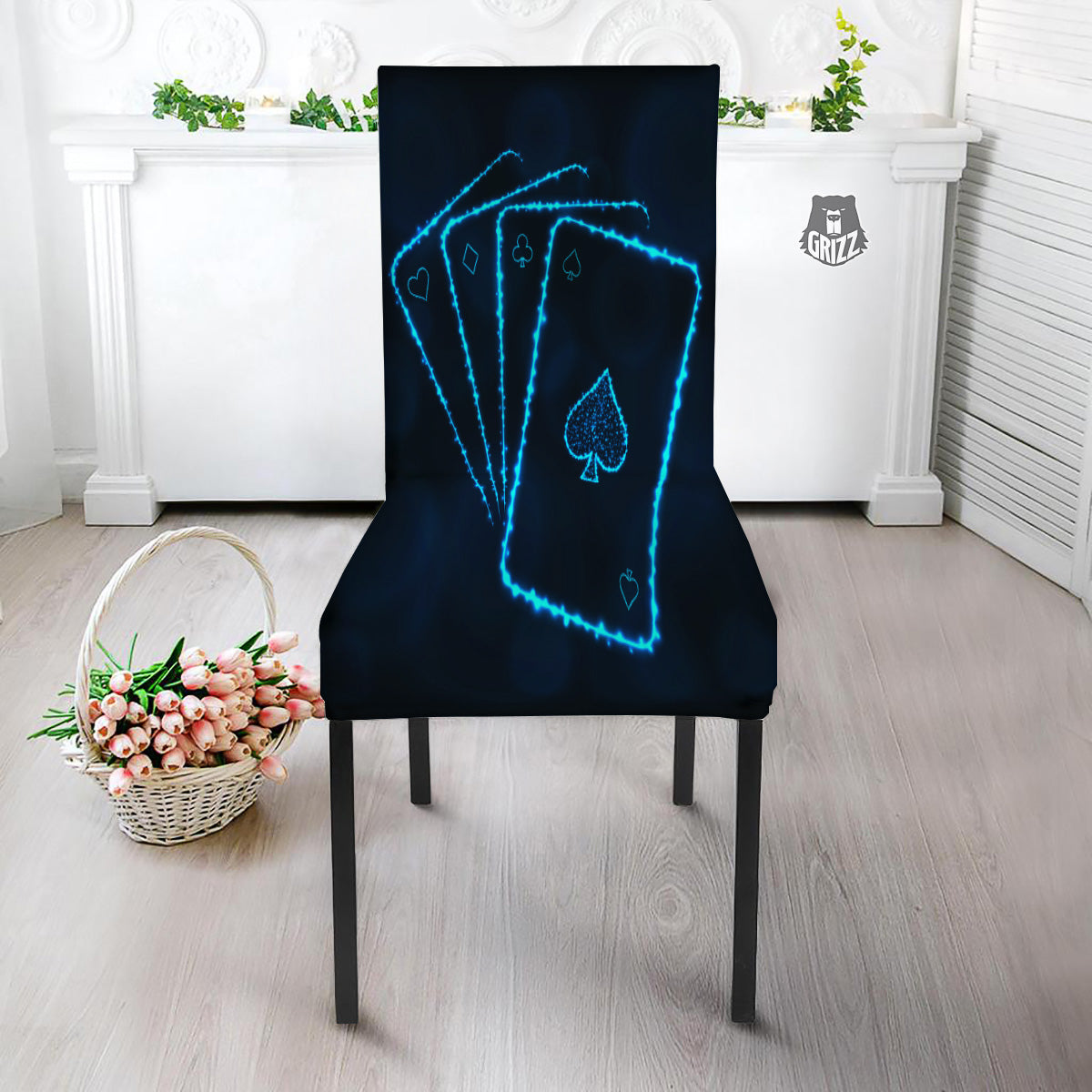 Ace Card Blue Print Dining Chair Slipcover-grizzshop