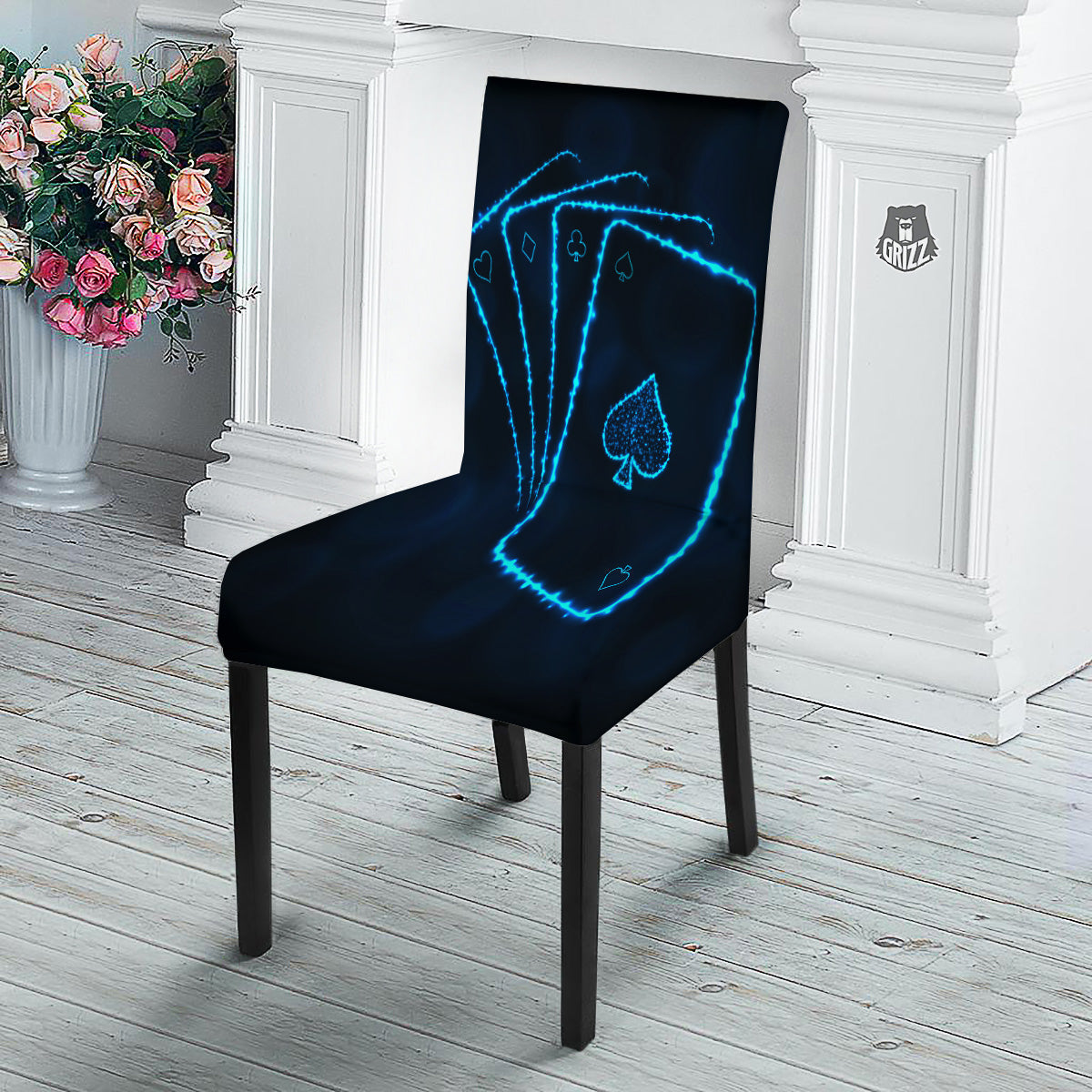 Ace Card Blue Print Dining Chair Slipcover-grizzshop