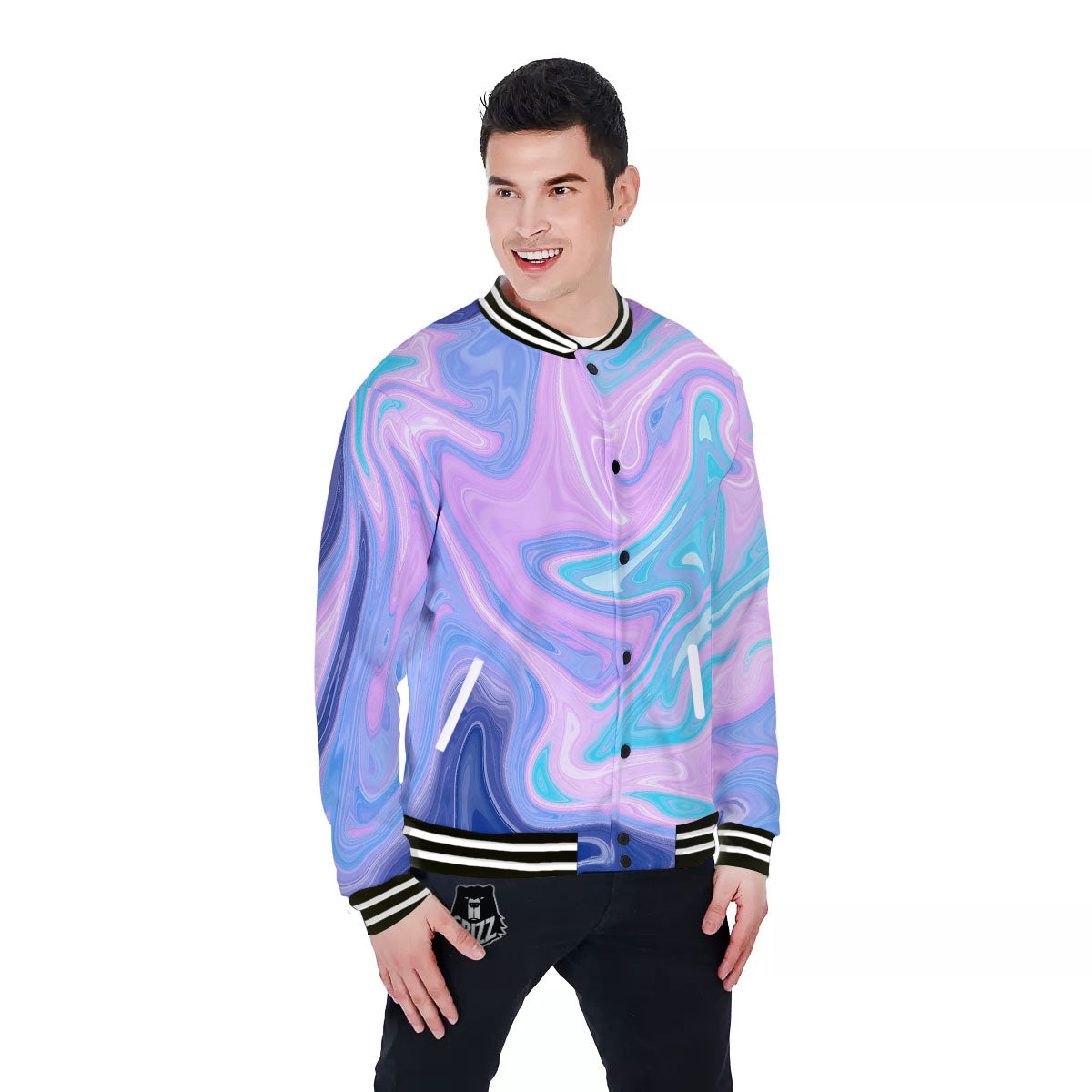 Acid Melt Blue And Pink Print Baseball Jacket-grizzshop