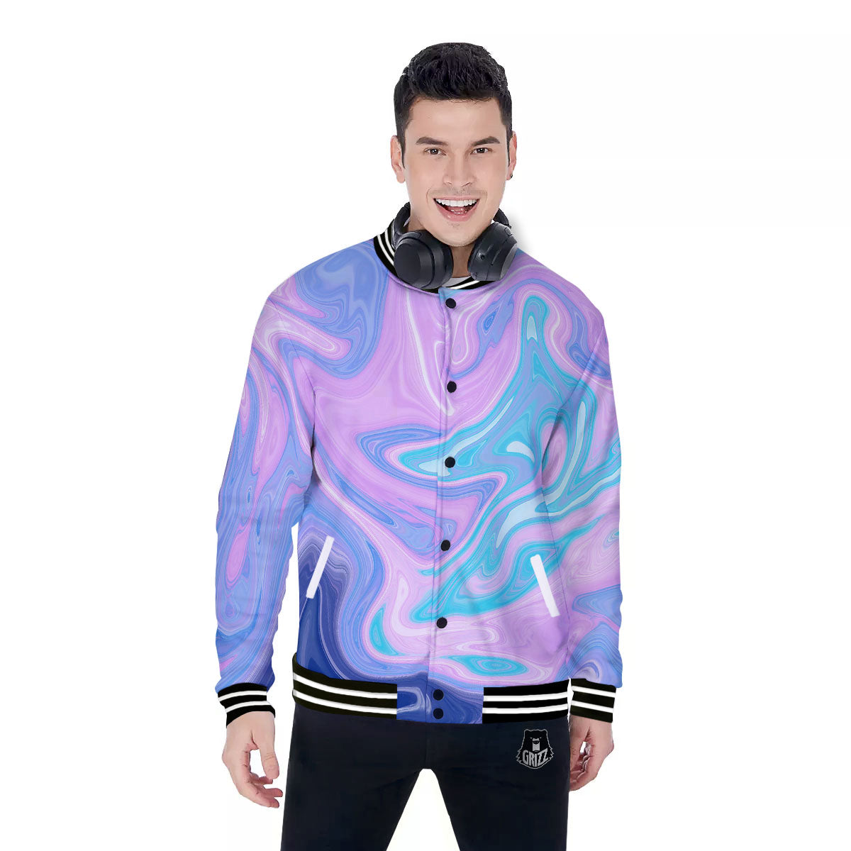 Acid Melt Blue And Pink Print Baseball Jacket-grizzshop