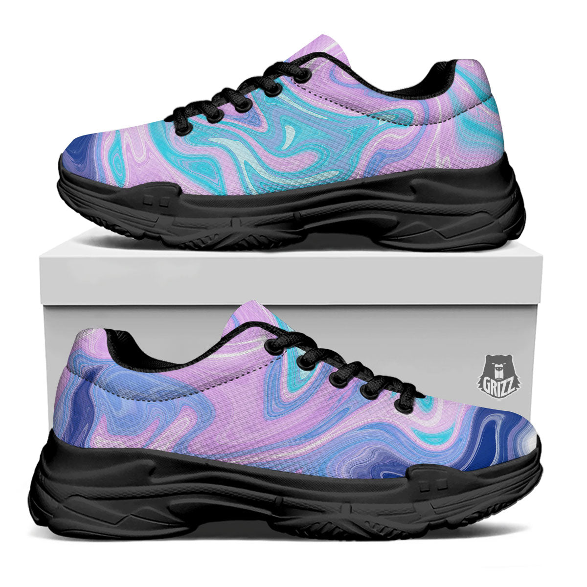 Acid Melt Blue And Pink Print Black Chunky Shoes-grizzshop