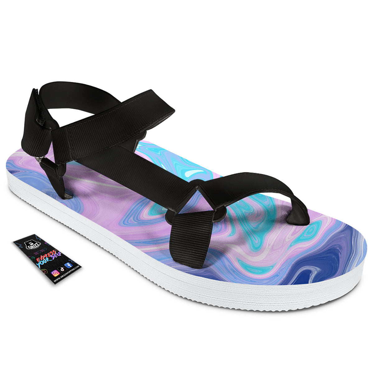 Acid Melt Blue And Pink Print Black Open Toe Sandals-grizzshop