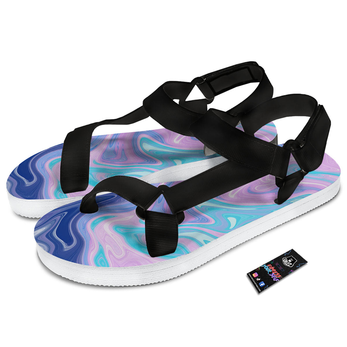 Acid Melt Blue And Pink Print Black Open Toe Sandals-grizzshop