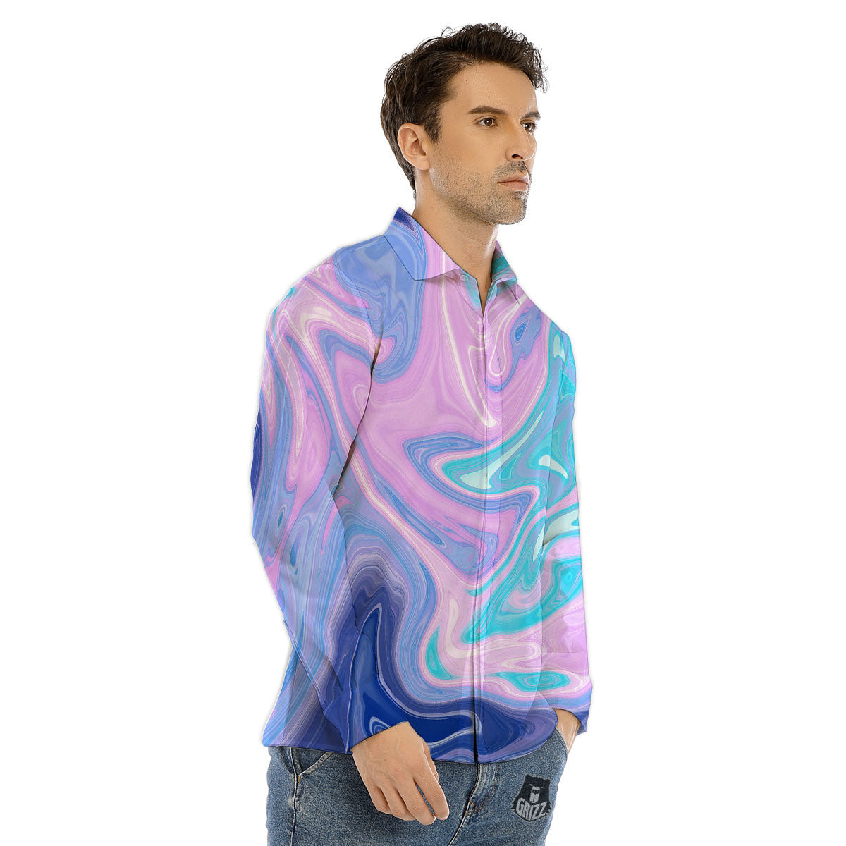 Acid Melt Blue And Pink Print Men's Dress Shirts-grizzshop
