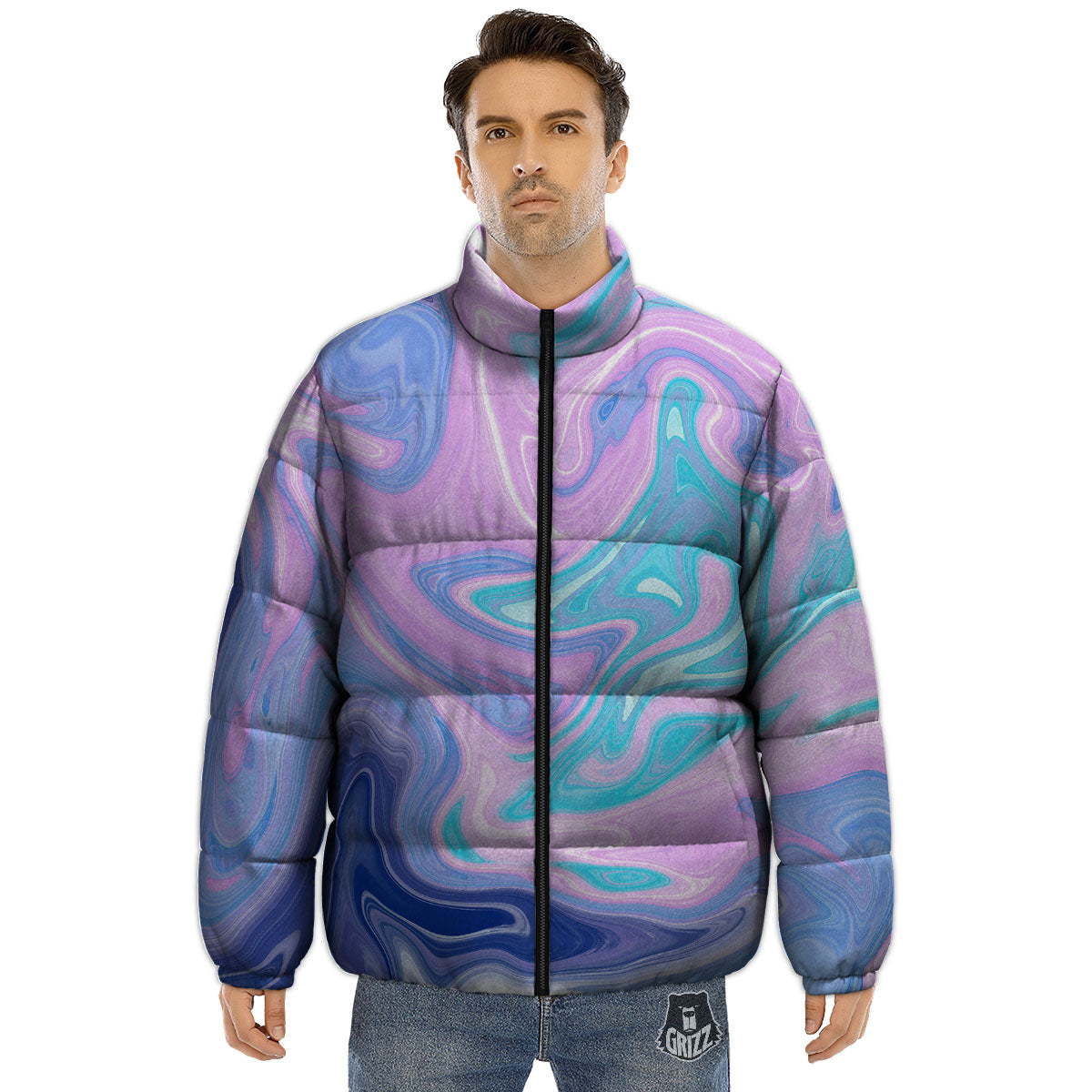 Acid Melt Blue And Pink Print Puffer Jacket-grizzshop