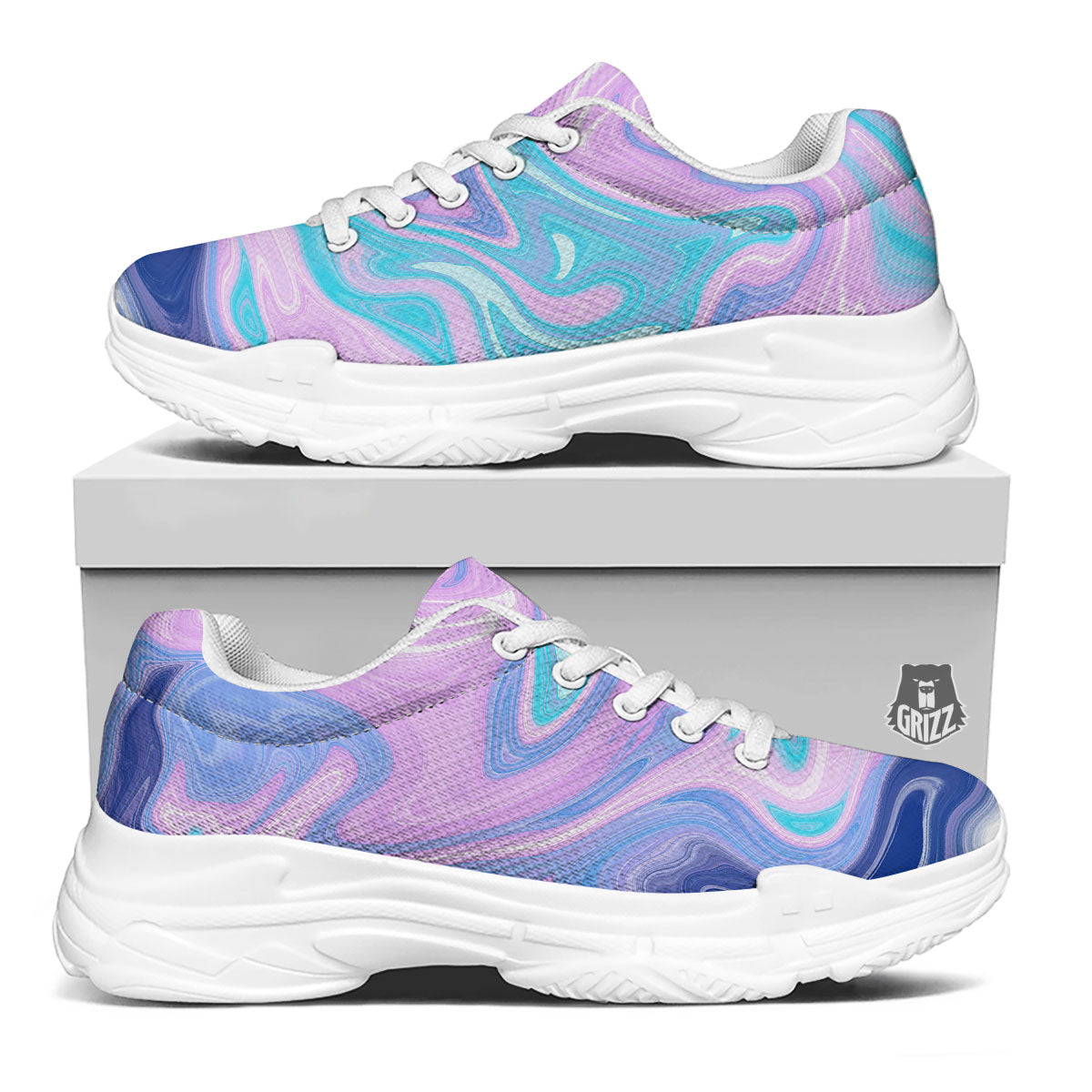 Acid Melt Blue And Pink Print White Chunky Shoes-grizzshop