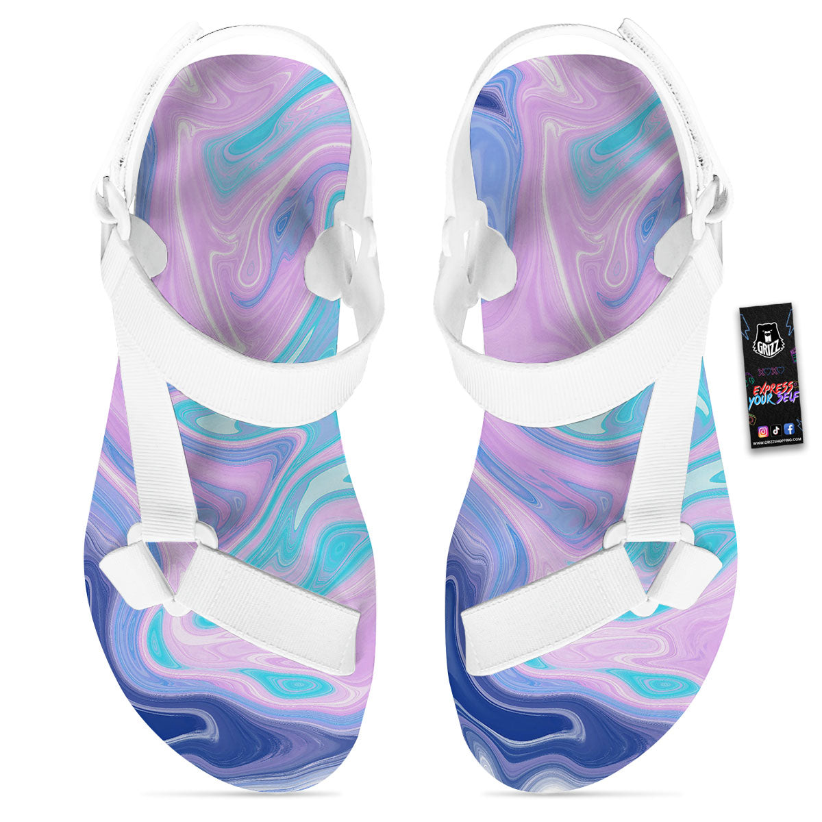 Acid Melt Blue And Pink Print White Open Toe Sandals-grizzshop