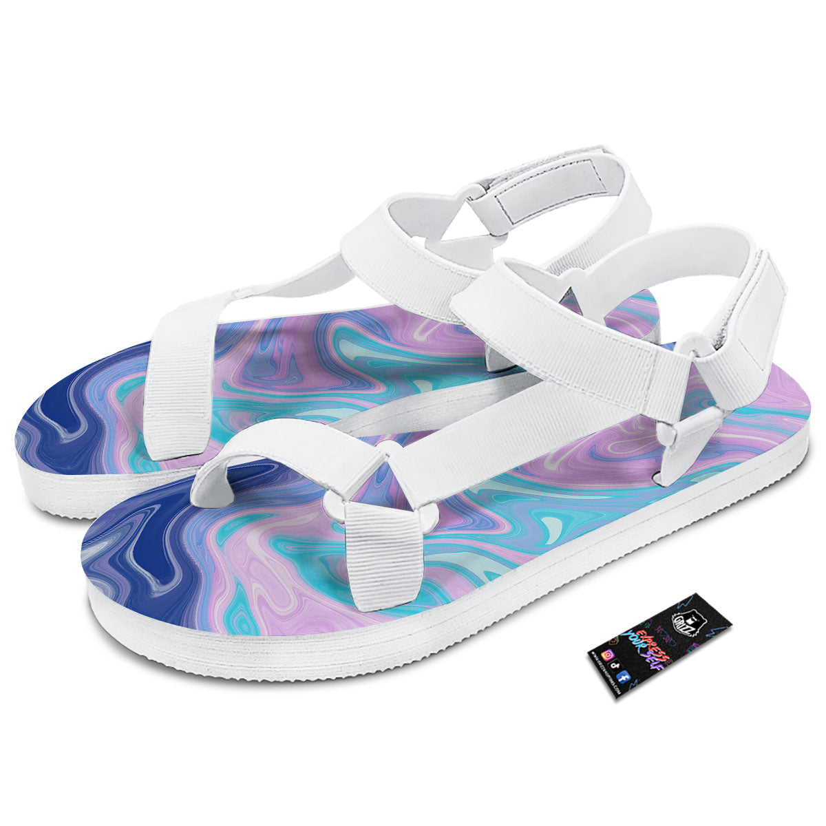 Acid Melt Blue And Pink Print White Open Toe Sandals-grizzshop