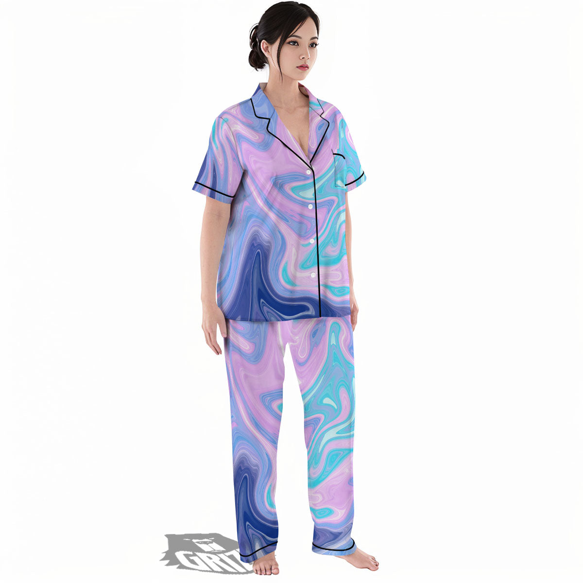 Acid Melt Blue And Pink Print Women's Pajamas Set-grizzshop