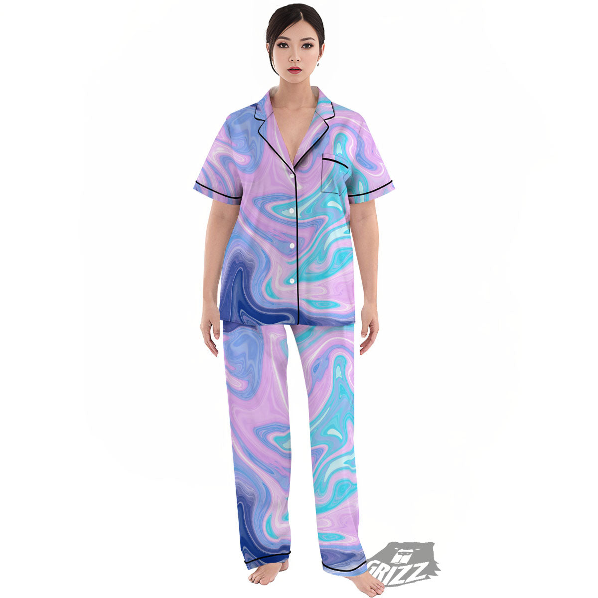 Acid Melt Blue And Pink Print Women's Pajamas Set-grizzshop