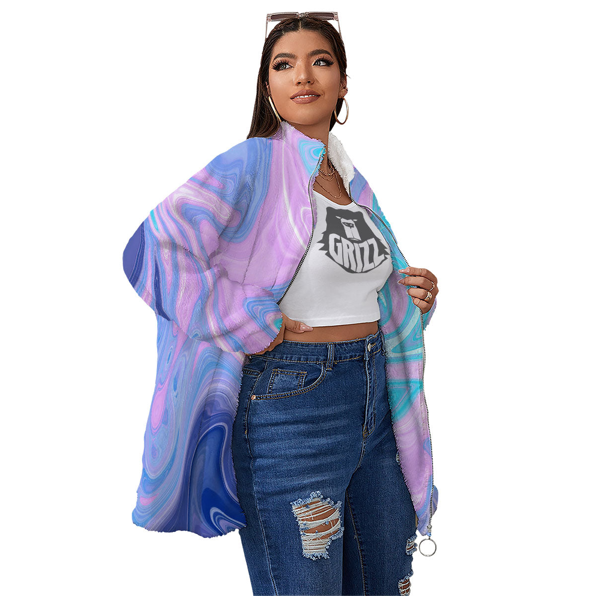 Acid Melt Blue And Pink Print Women's Sherpa Jacket-grizzshop