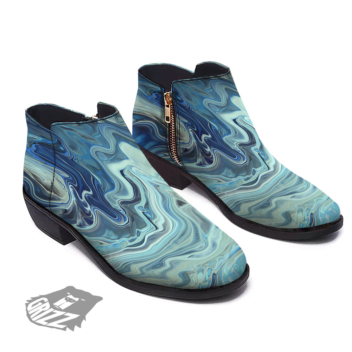 Acid Melt Blue Ocean Print Ankle Boots-grizzshop