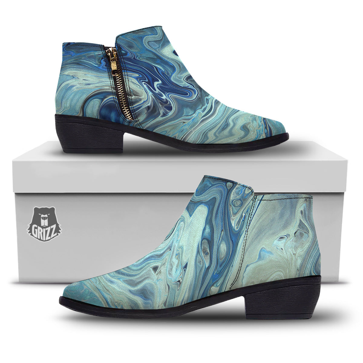 Acid Melt Blue Ocean Print Ankle Boots-grizzshop