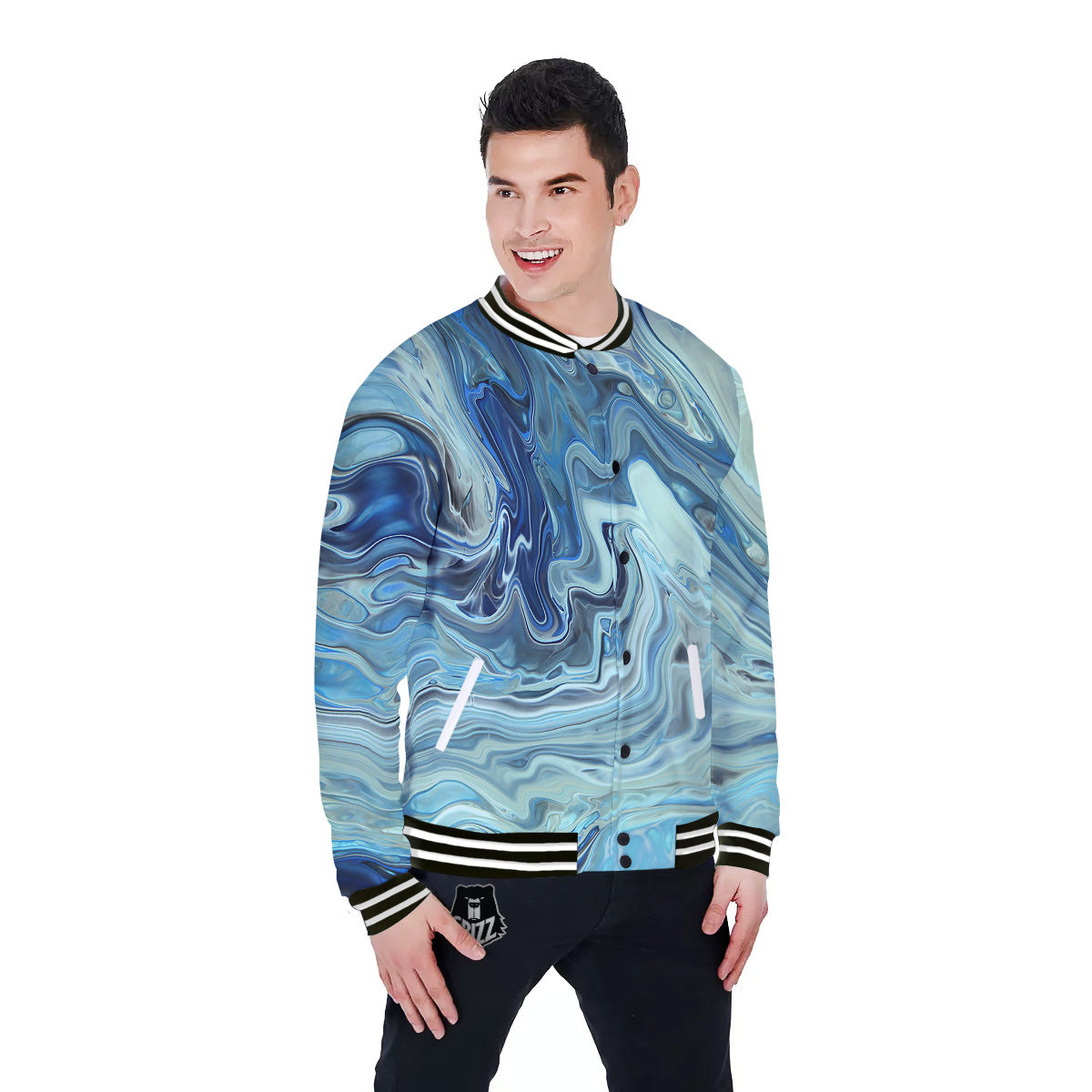 Acid Melt Blue Ocean Print Baseball Jacket-grizzshop