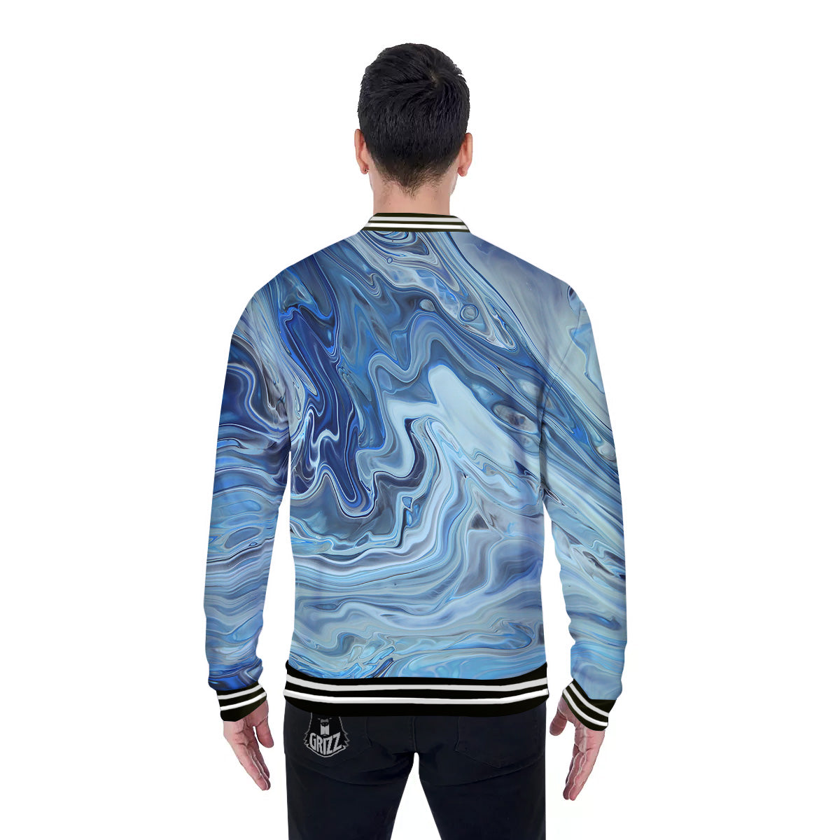 Acid Melt Blue Ocean Print Baseball Jacket-grizzshop