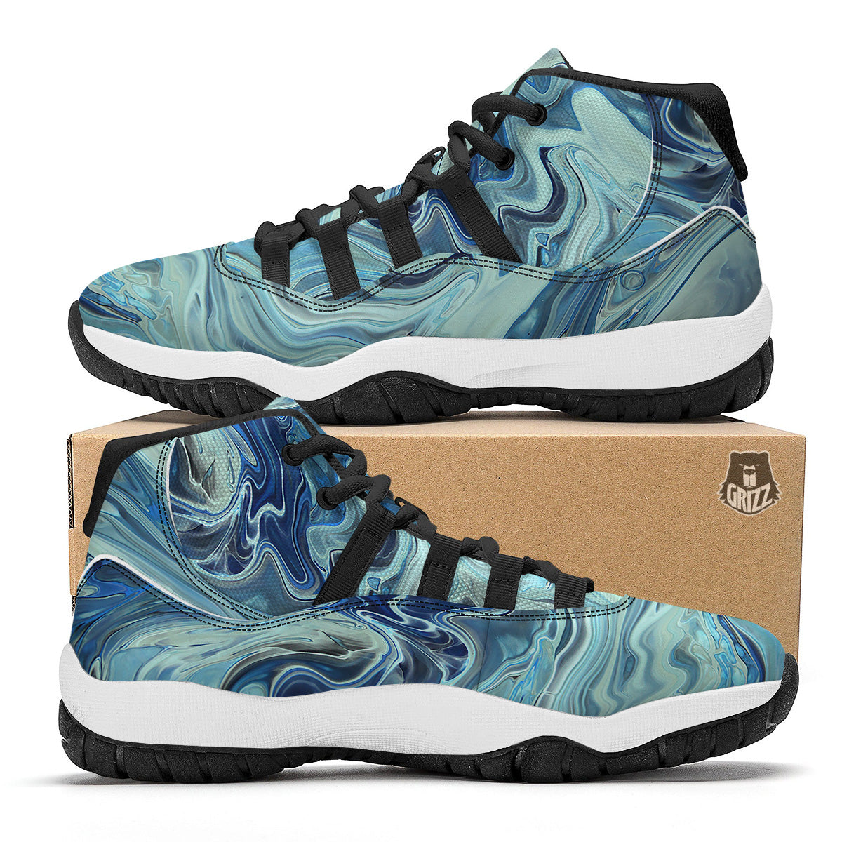 Acid Melt Blue Ocean Print Black Bball Shoes-grizzshop