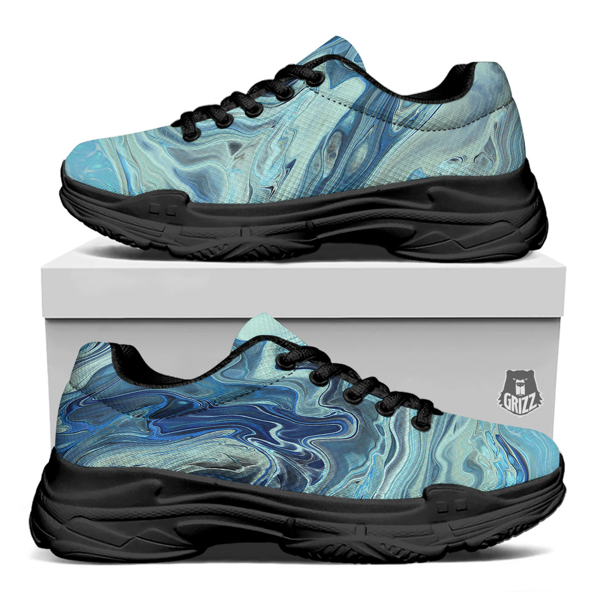 Acid Melt Blue Ocean Print Black Chunky Shoes-grizzshop