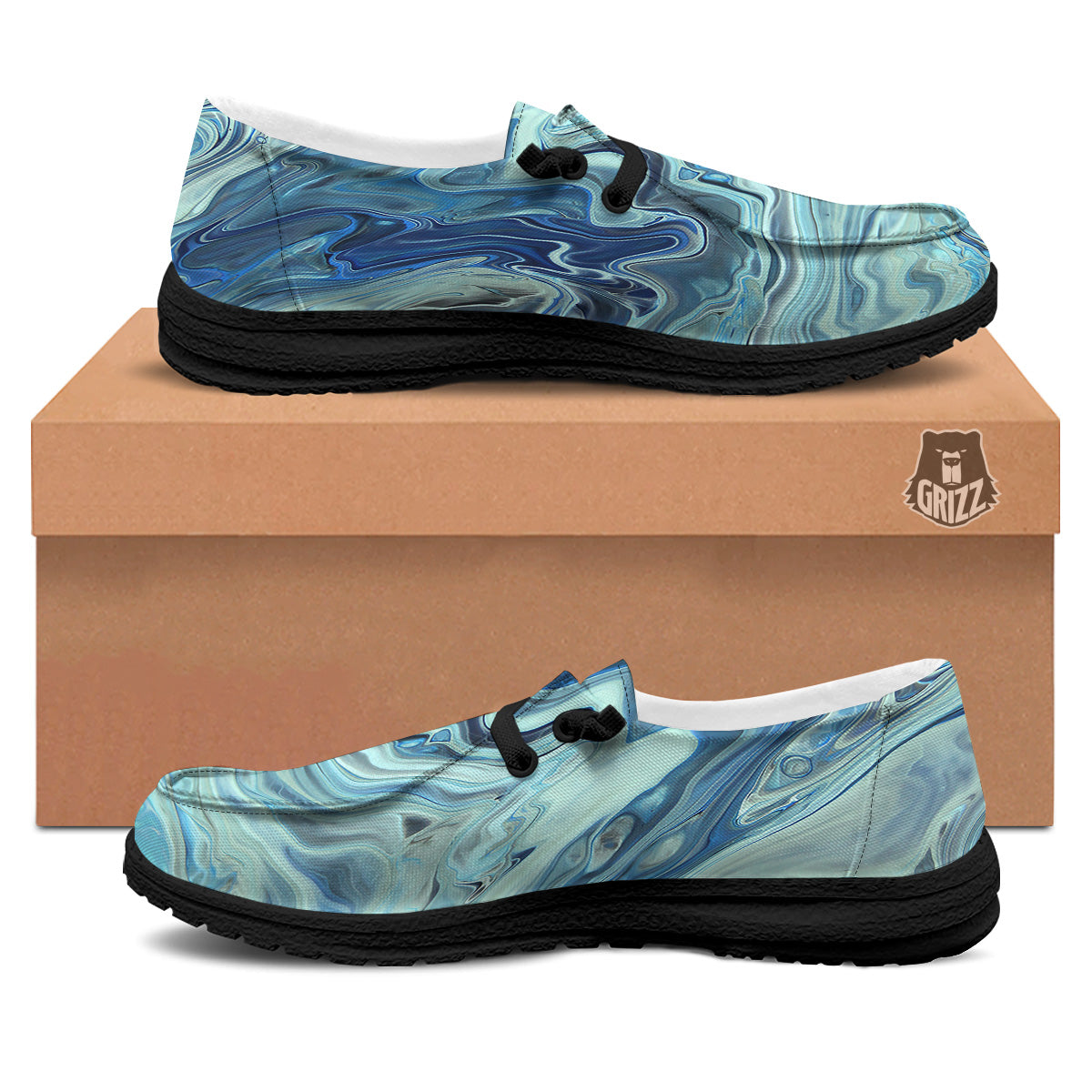 Acid Melt Blue Ocean Print Black Loafers-grizzshop