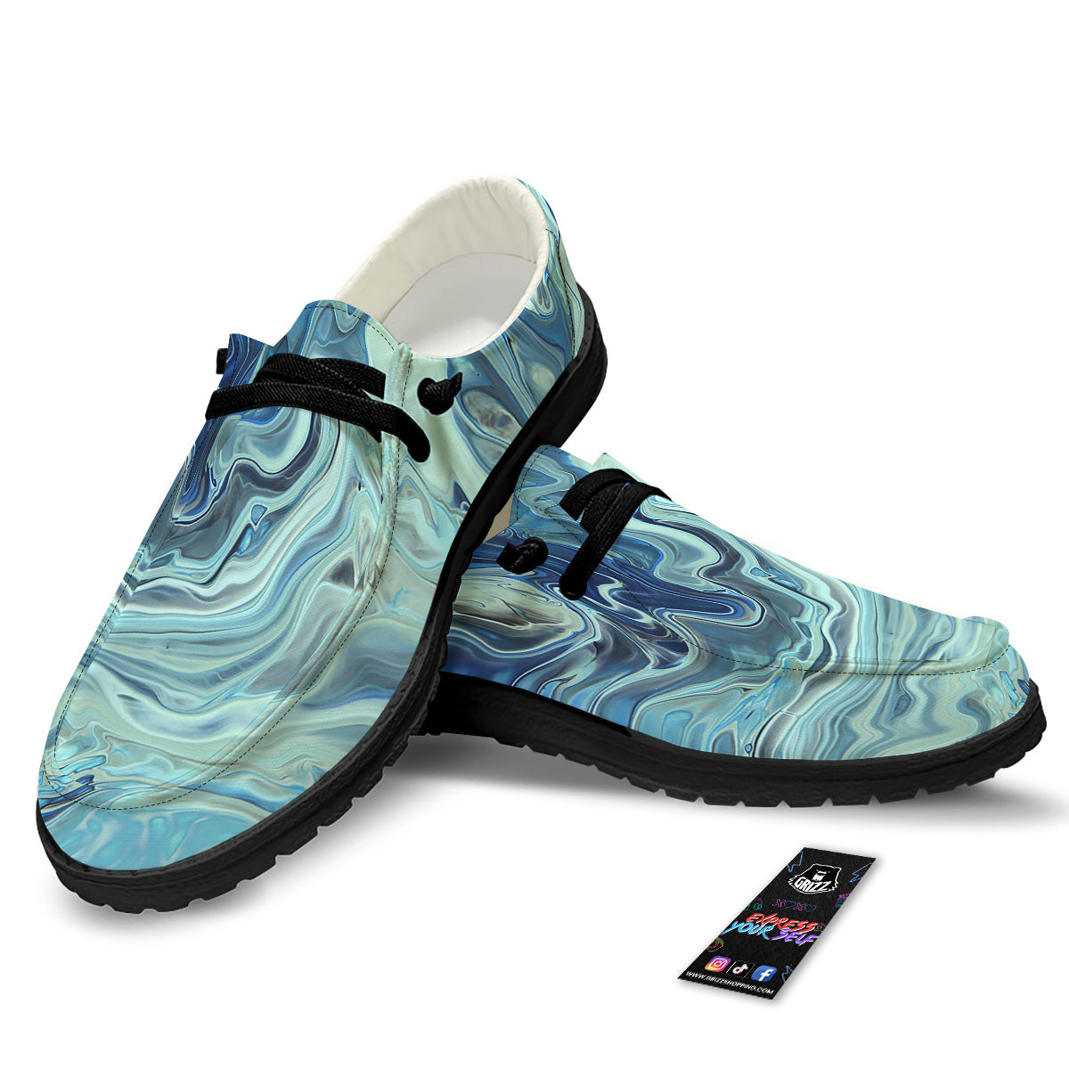 Acid Melt Blue Ocean Print Black Loafers-grizzshop