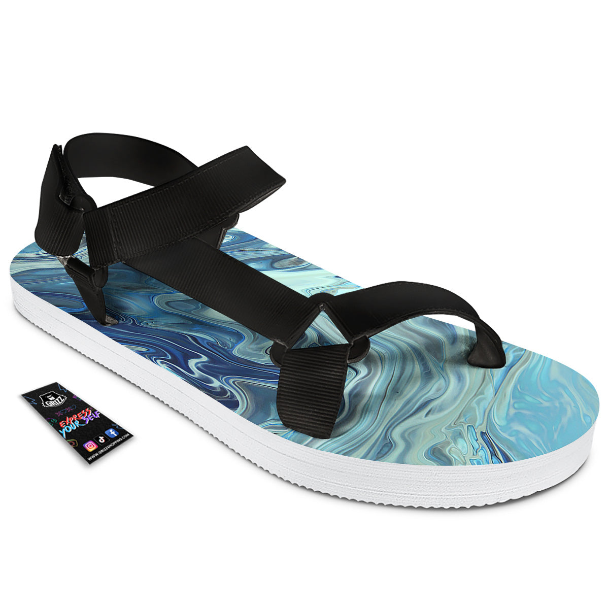 Acid Melt Blue Ocean Print Black Open Toe Sandals-grizzshop