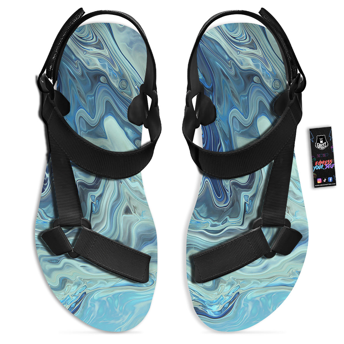 Acid Melt Blue Ocean Print Black Open Toe Sandals-grizzshop