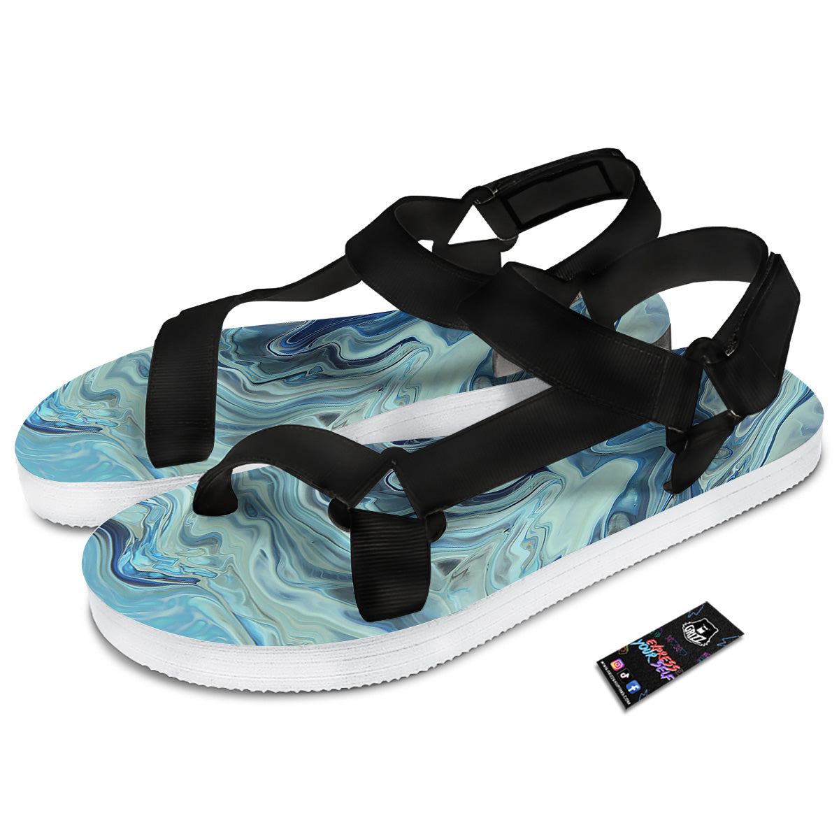 Acid Melt Blue Ocean Print Black Open Toe Sandals-grizzshop