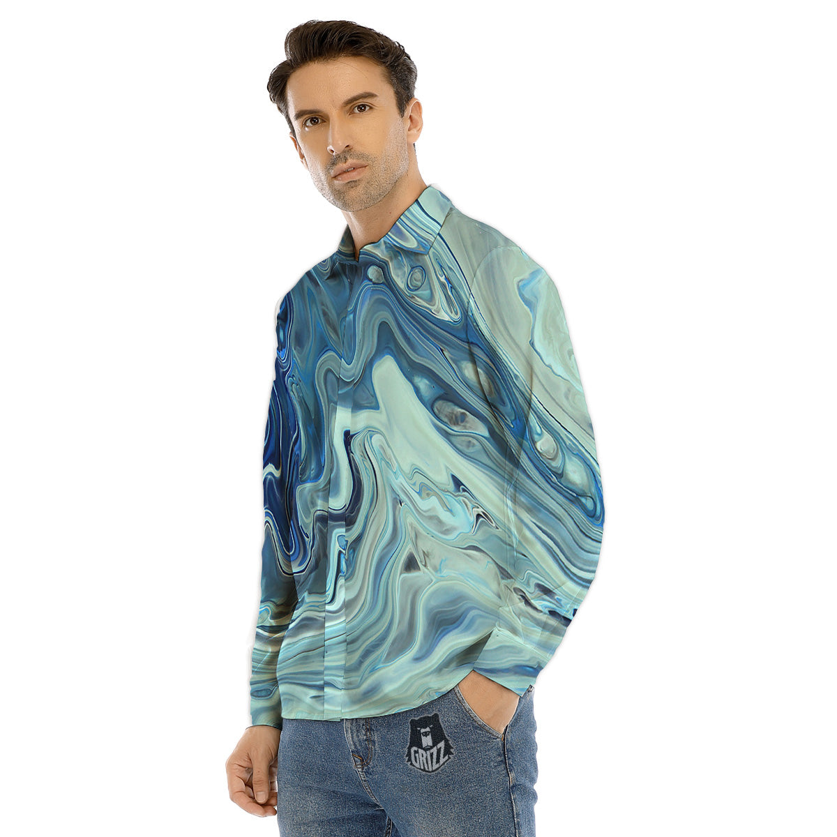 Acid Melt Blue Ocean Print Men's Dress Shirts-grizzshop