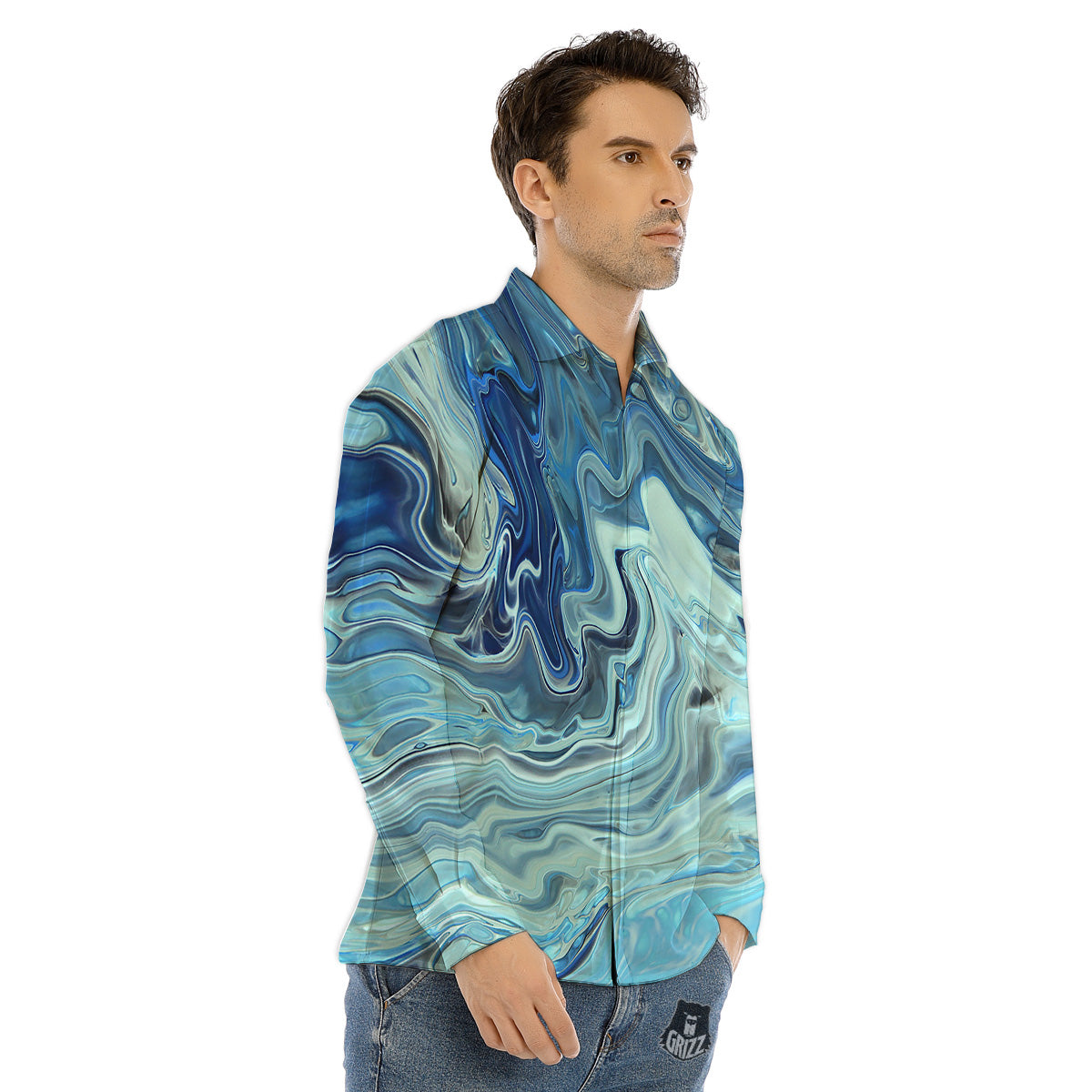 Acid Melt Blue Ocean Print Men's Dress Shirts-grizzshop