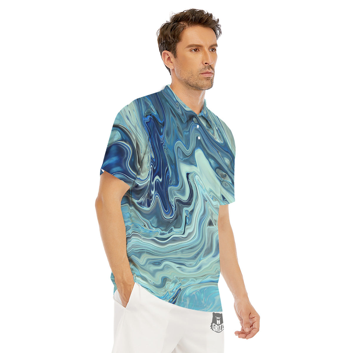 Acid Melt Blue Ocean Print Men's Golf Shirts-grizzshop