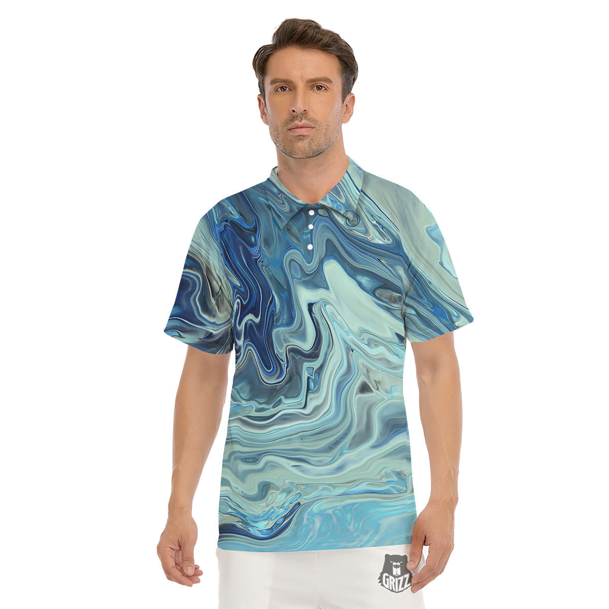 Acid Melt Blue Ocean Print Men's Golf Shirts-grizzshop