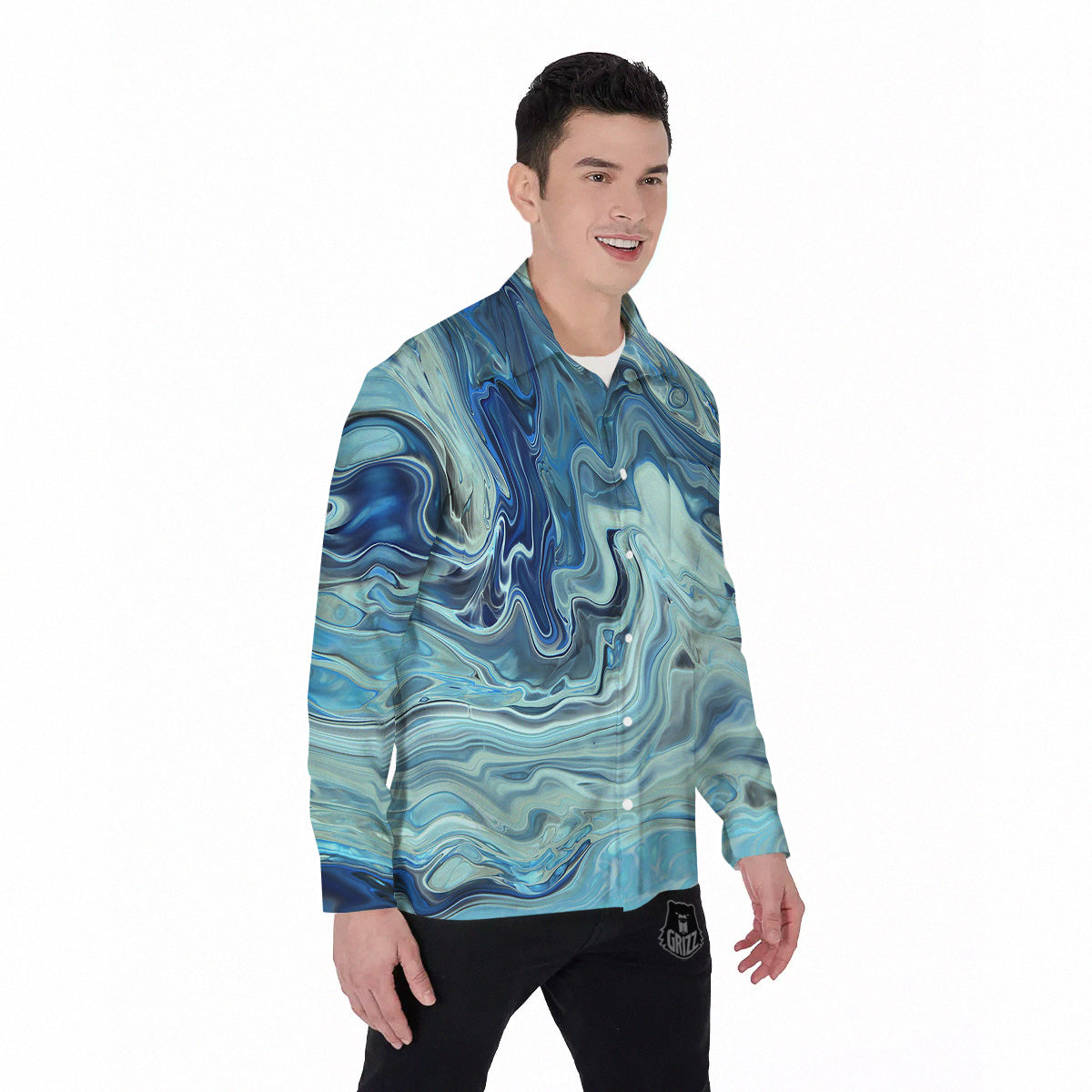 Acid Melt Blue Ocean Print Men's Long Sleeve Shirts-grizzshop