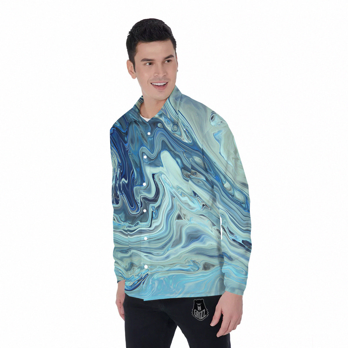 Acid Melt Blue Ocean Print Men's Long Sleeve Shirts-grizzshop