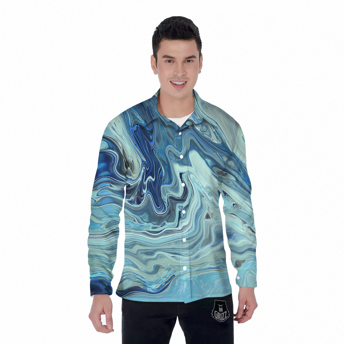 Acid Melt Blue Ocean Print Men's Long Sleeve Shirts-grizzshop