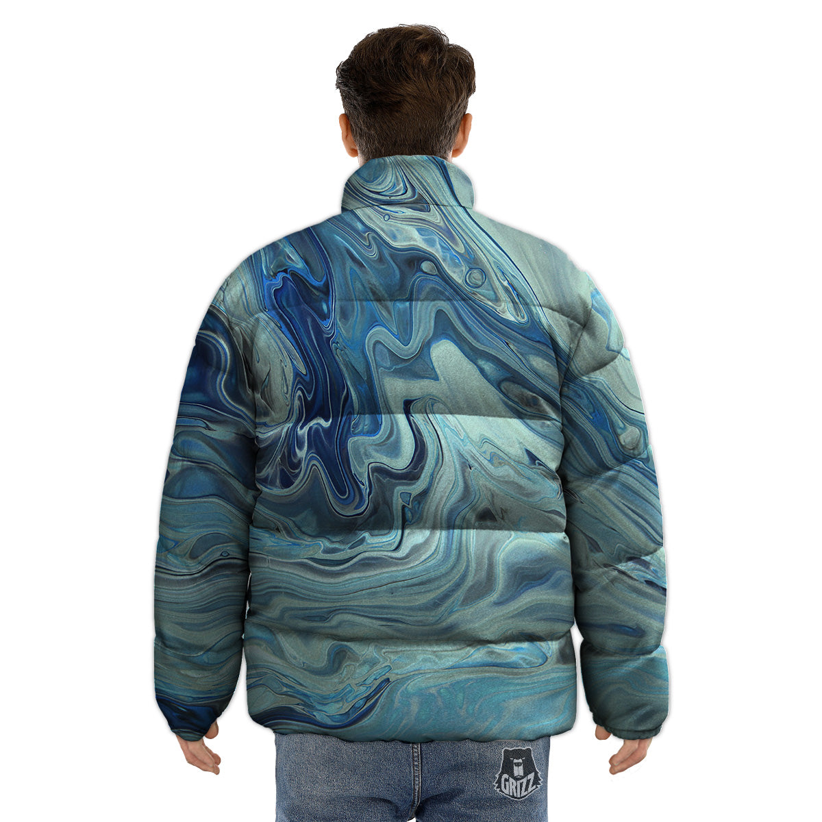 Acid Melt Blue Ocean Print Puffer Jacket-grizzshop