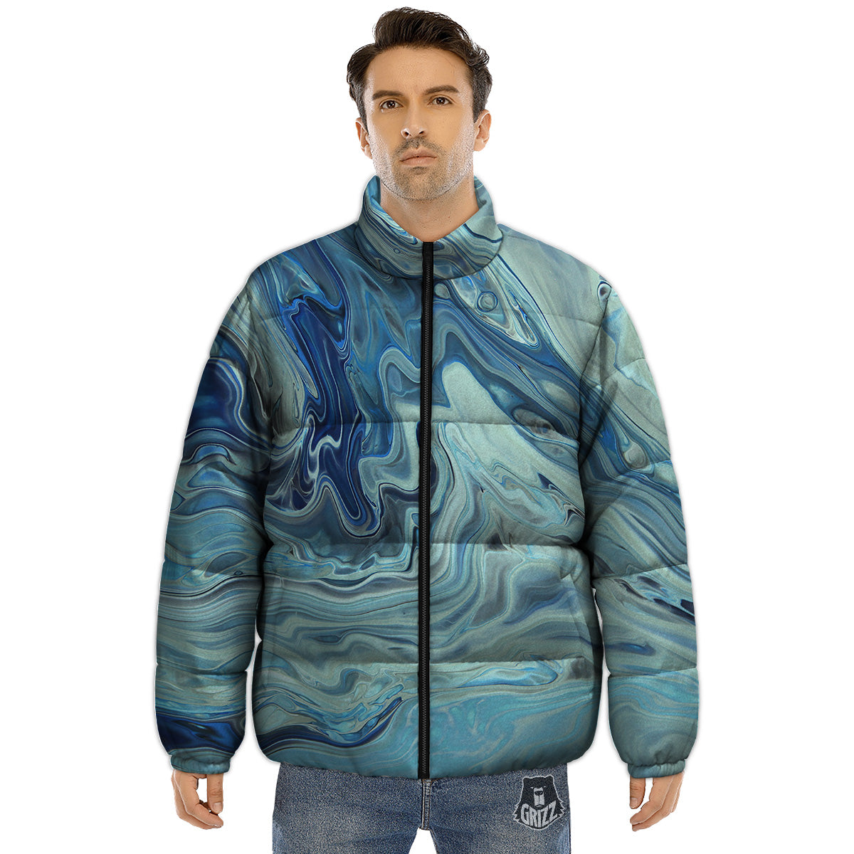 Acid Melt Blue Ocean Print Puffer Jacket-grizzshop