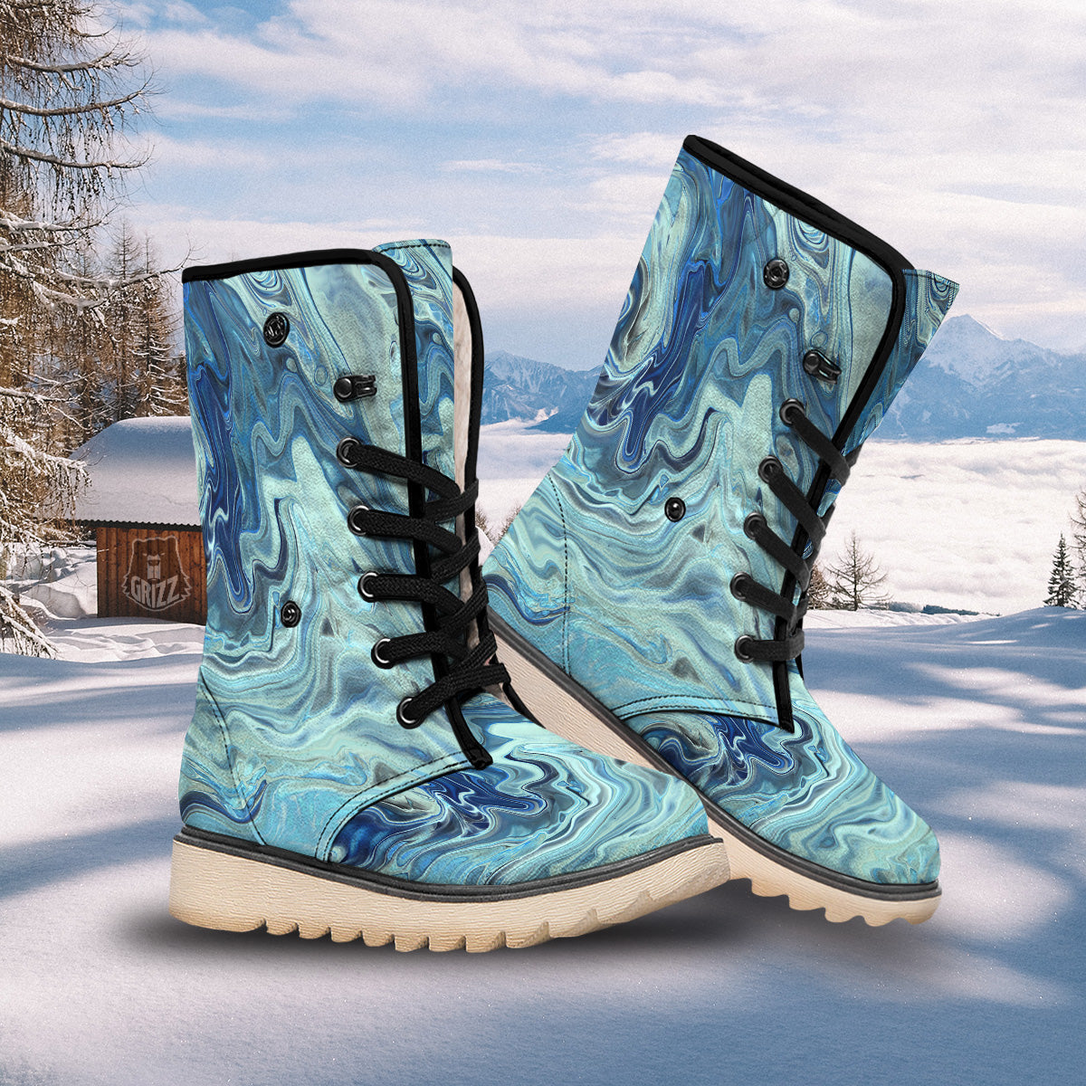 Acid Melt Blue Ocean Print Snow Boots-grizzshop