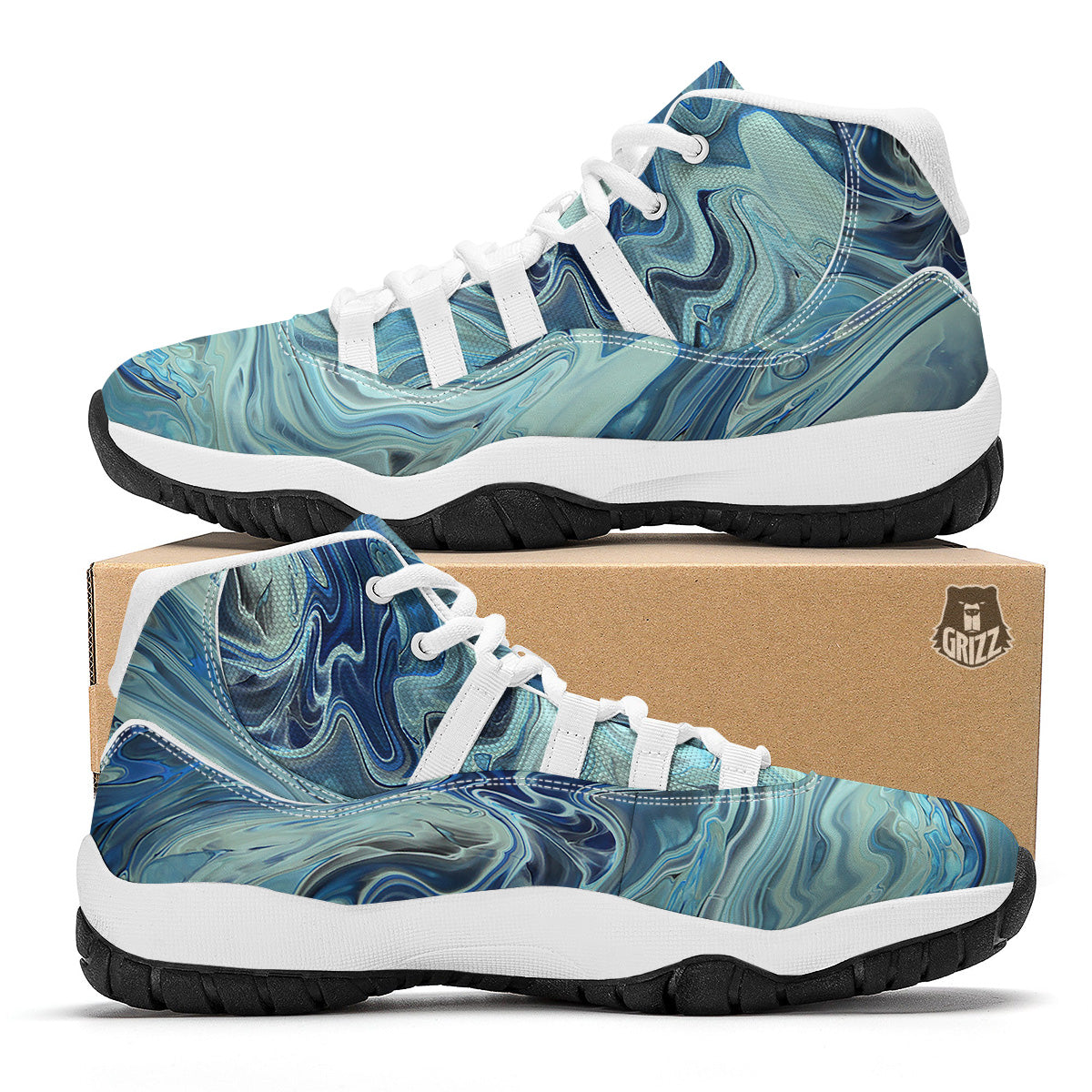 Acid Melt Blue Ocean Print White Bball Shoes-grizzshop