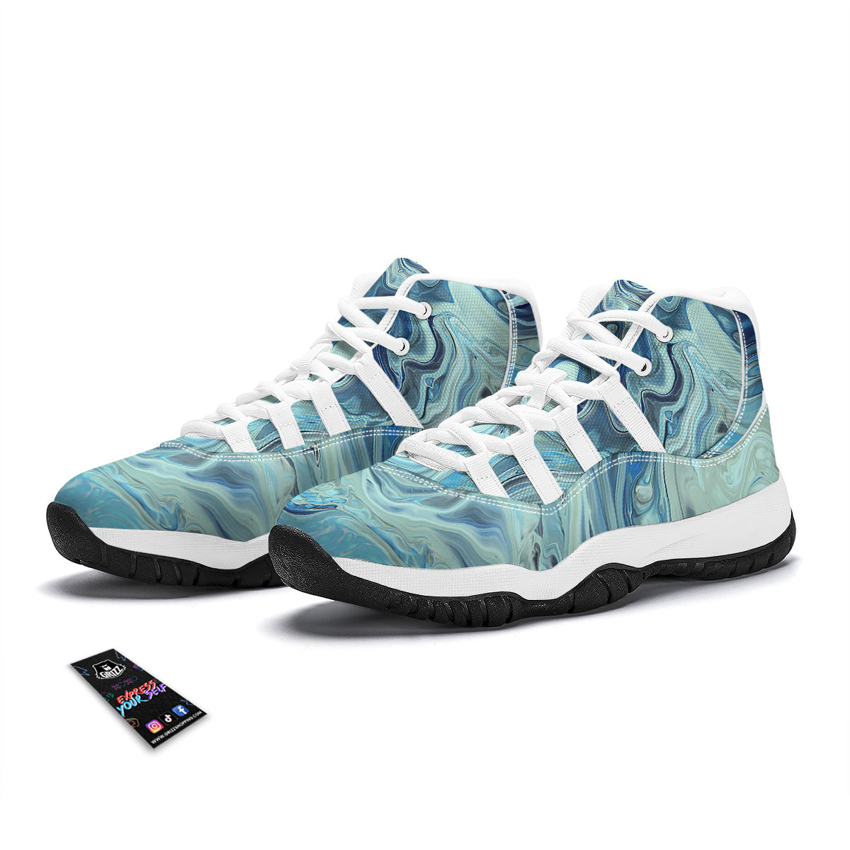 Acid Melt Blue Ocean Print White Bball Shoes-grizzshop