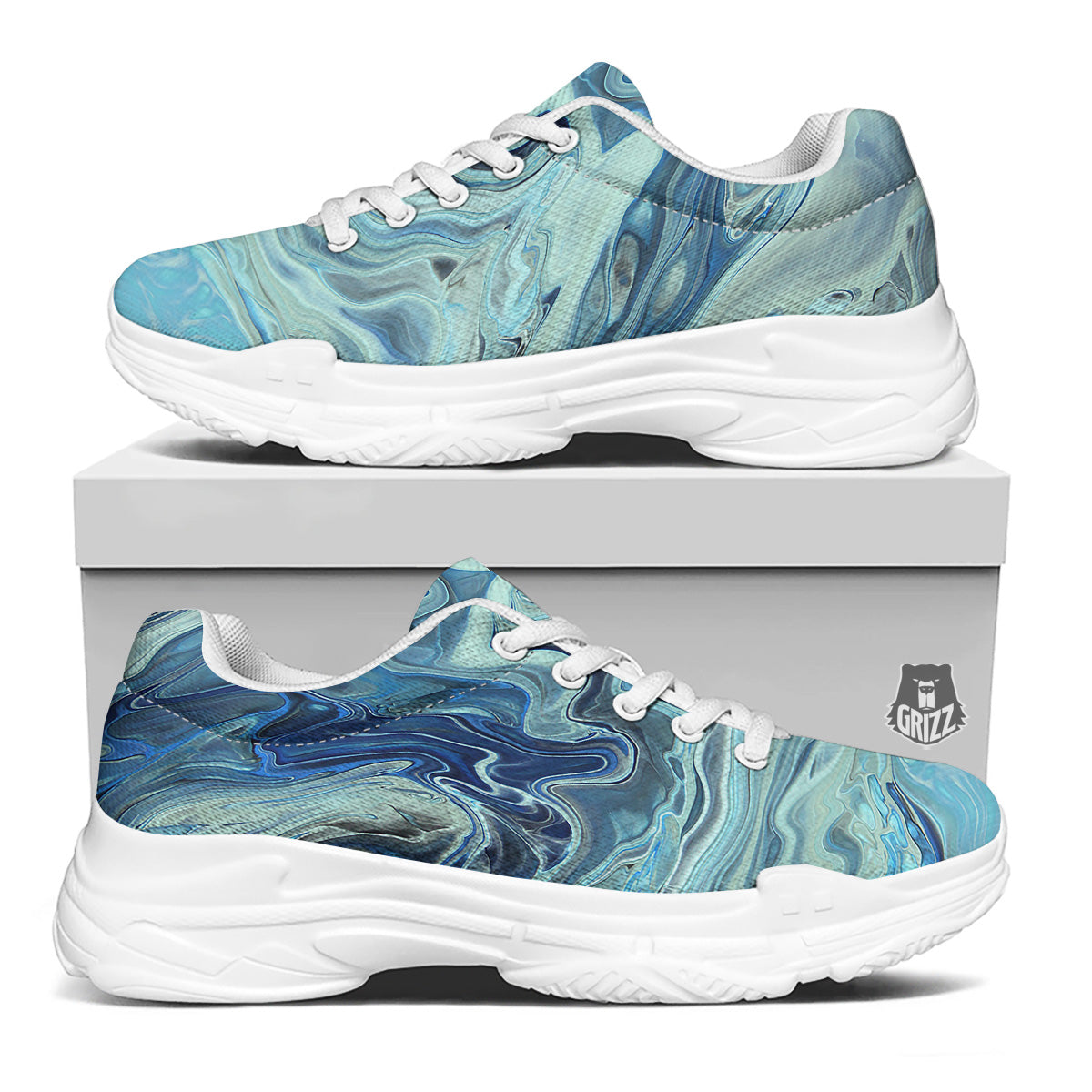 Acid Melt Blue Ocean Print White Chunky Shoes-grizzshop