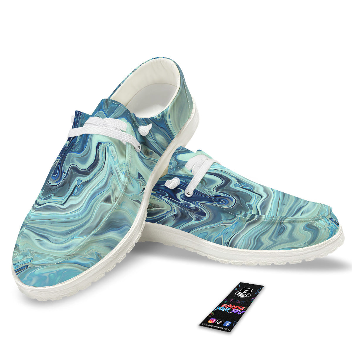 Acid Melt Blue Ocean Print White Loafers-grizzshop