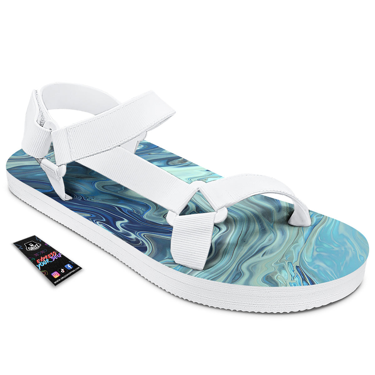 Acid Melt Blue Ocean Print White Open Toe Sandals-grizzshop